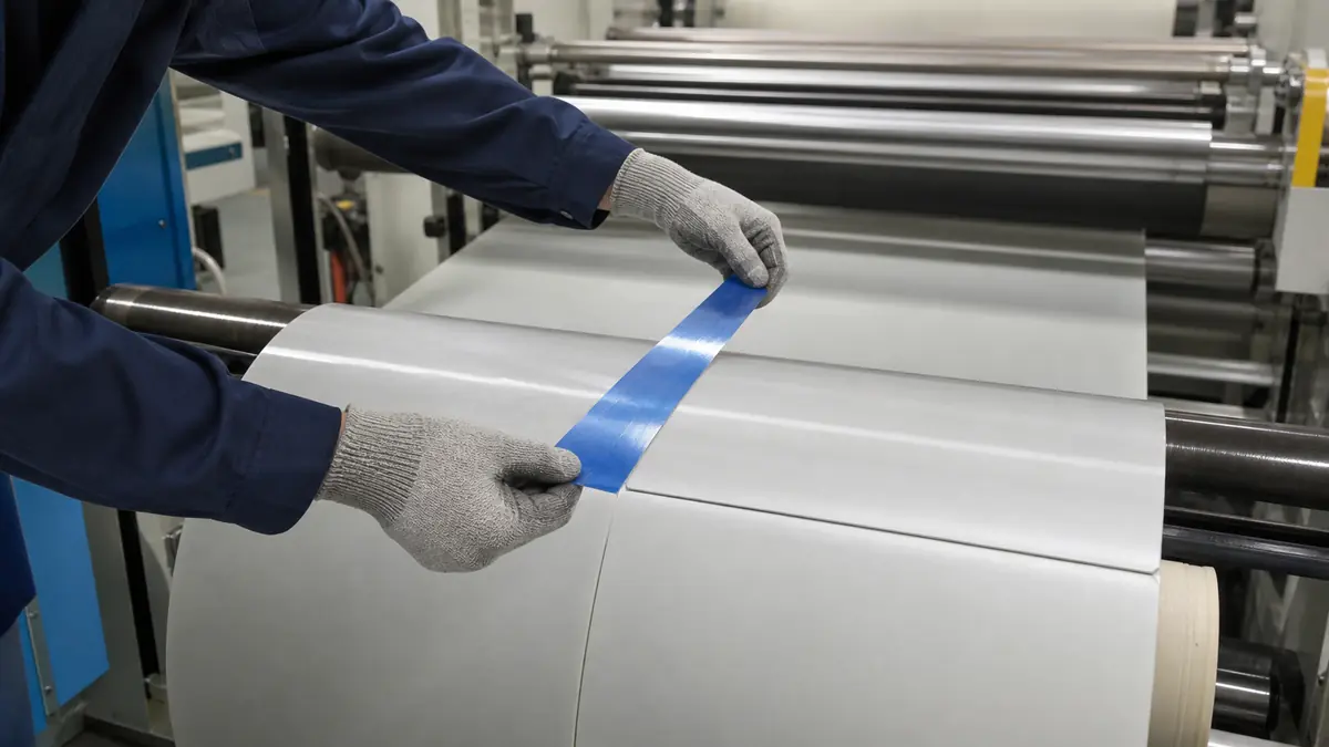 Technician applying blue PET silicone tape across a silicone release liner splice on a roll-to-roll converting line